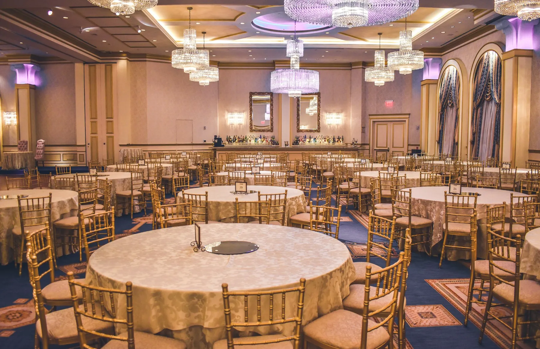 Grand ballroom set for a gala dinner