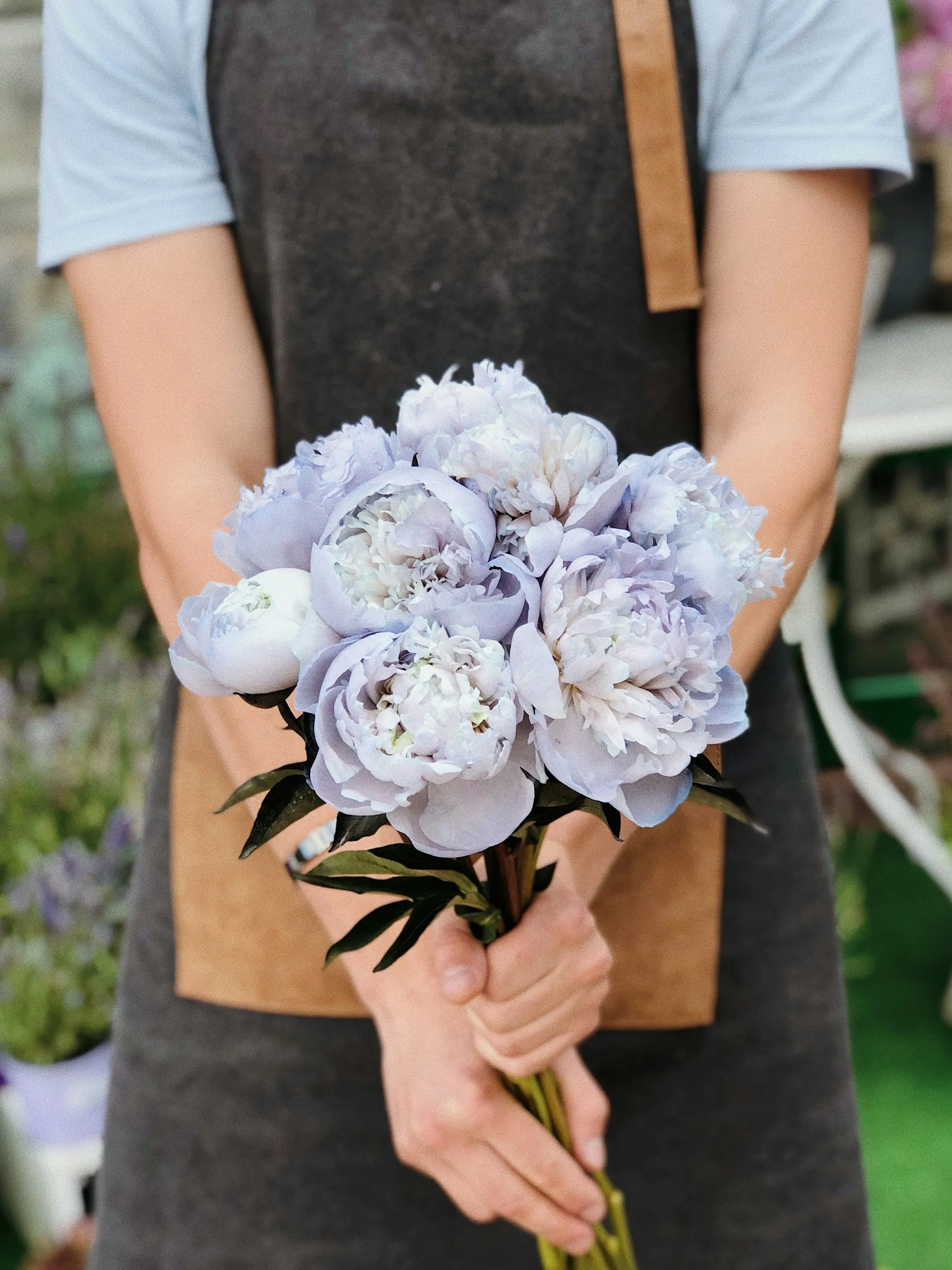 Florist holding a bouquet of soft lilac peonies